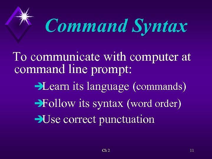 Command Syntax To communicate with computer at command line prompt: è Learn its language