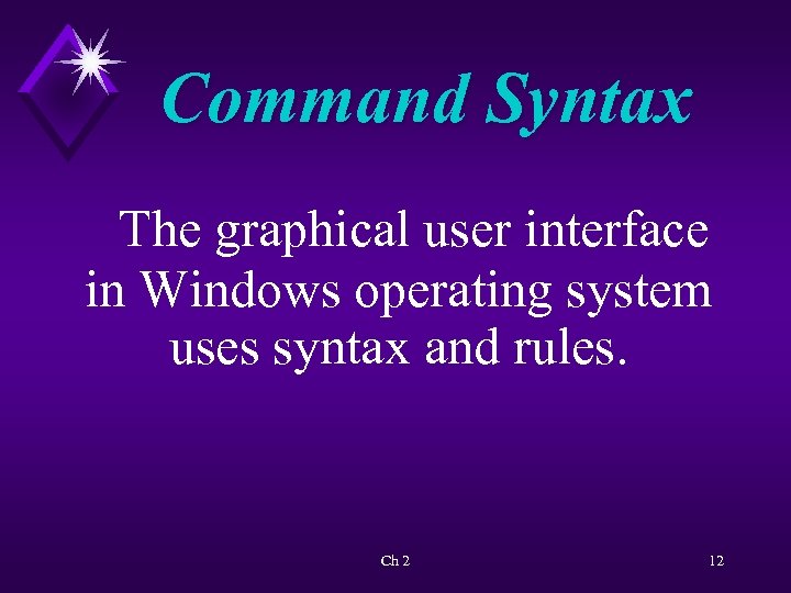 Command Syntax The graphical user interface in Windows operating system uses syntax and rules.