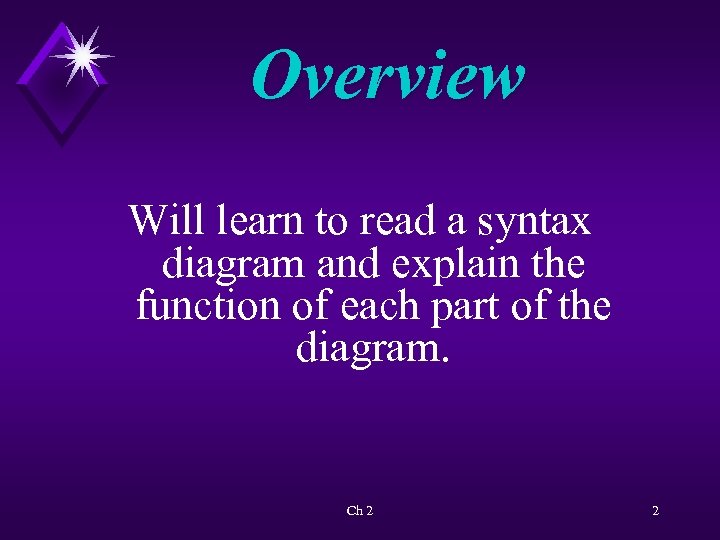 Overview Will learn to read a syntax diagram and explain the function of each