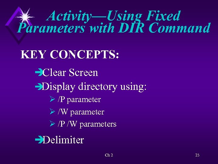 Activity—Using Fixed Parameters with DIR Command KEY CONCEPTS: è Clear Screen è Display directory
