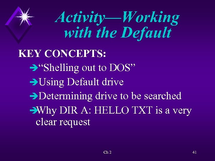 Activity—Working with the Default KEY CONCEPTS: è“Shelling out to DOS” èUsing Default drive èDetermining