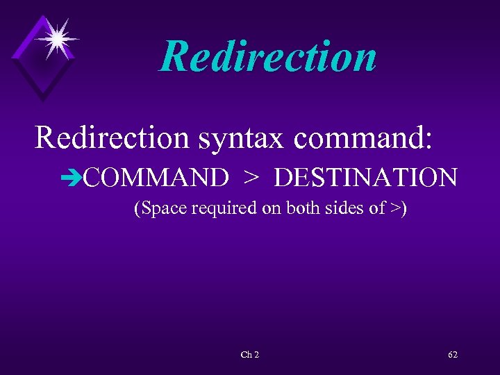 Redirection syntax command: èCOMMAND > DESTINATION (Space required on both sides of >) Ch