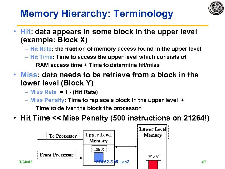 Memory Hierarchy: Terminology • Hit: data appears in some block in the upper level