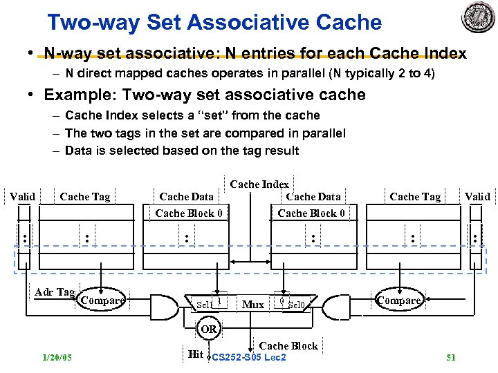 Two way Set Associative Cache • N way set associative: N entries for each