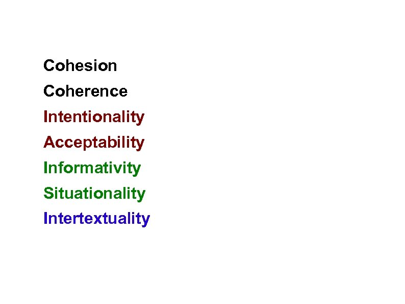 Cohesion Coherence Intentionality Acceptability Informativity Situationality Intertextuality 