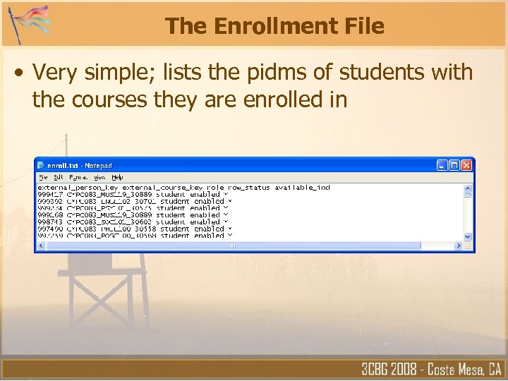 The Enrollment File • Very simple; lists the pidms of students with the courses