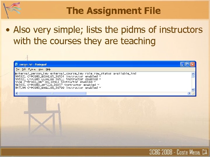 The Assignment File • Also very simple; lists the pidms of instructors with the