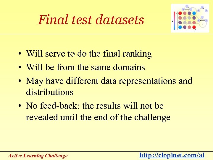 Final test datasets • Will serve to do the final ranking • Will be