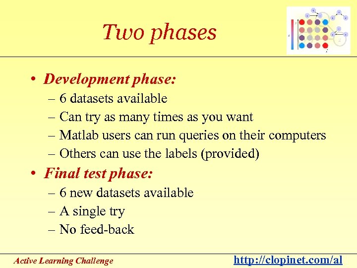 Two phases • Development phase: – 6 datasets available – Can try as many