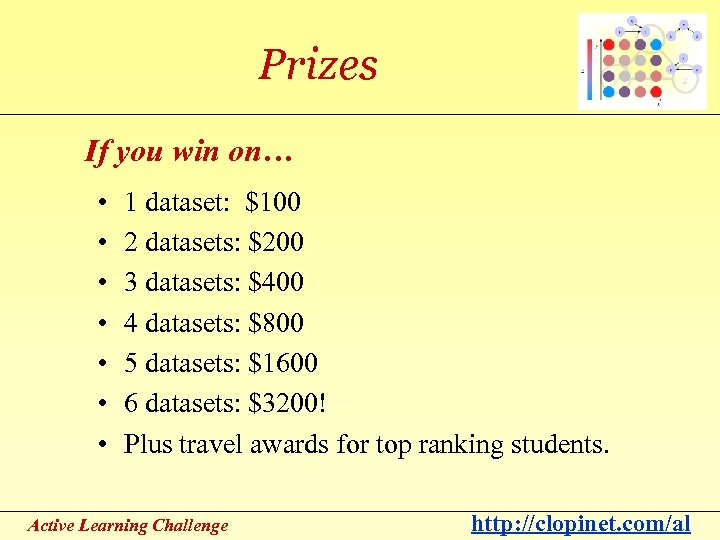 Prizes If you win on… • • 1 dataset: $100 2 datasets: $200 3