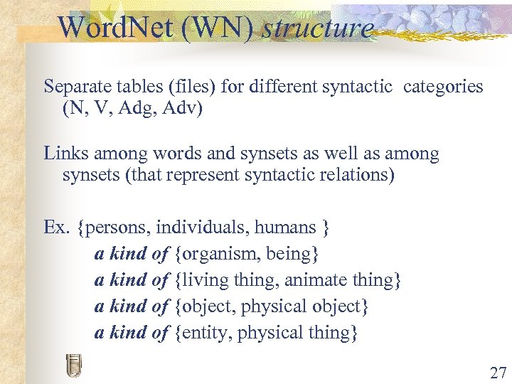 Word. Net (WN) structure Separate tables (files) for different syntactic categories (N, V, Adg,