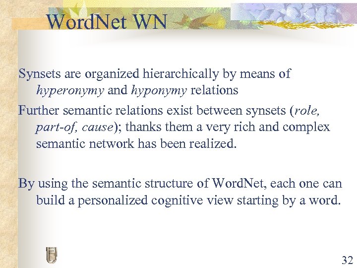 Word. Net WN Synsets are organized hierarchically by means of hyperonymy and hyponymy relations
