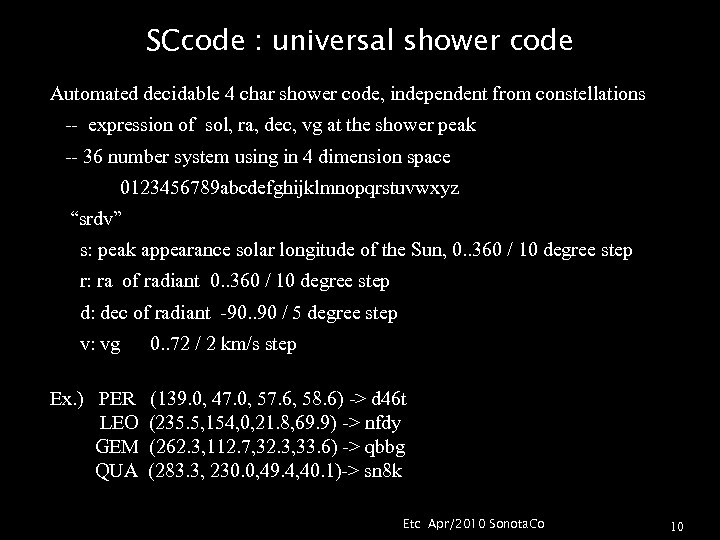 SCcode : universal shower code Automated decidable 4 char shower code, independent from constellations