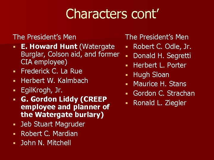 Characters cont’ The President’s Men § E. Howard Hunt (Watergate Burglar, Colson aid, and