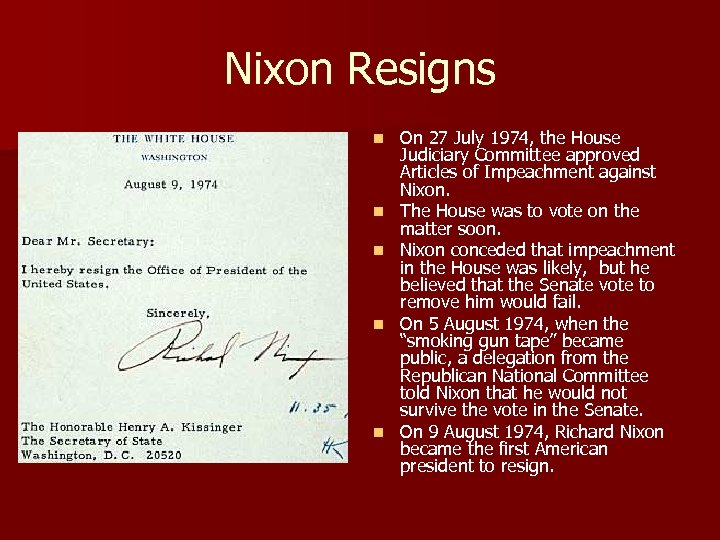 Nixon Resigns n n n On 27 July 1974, the House Judiciary Committee approved