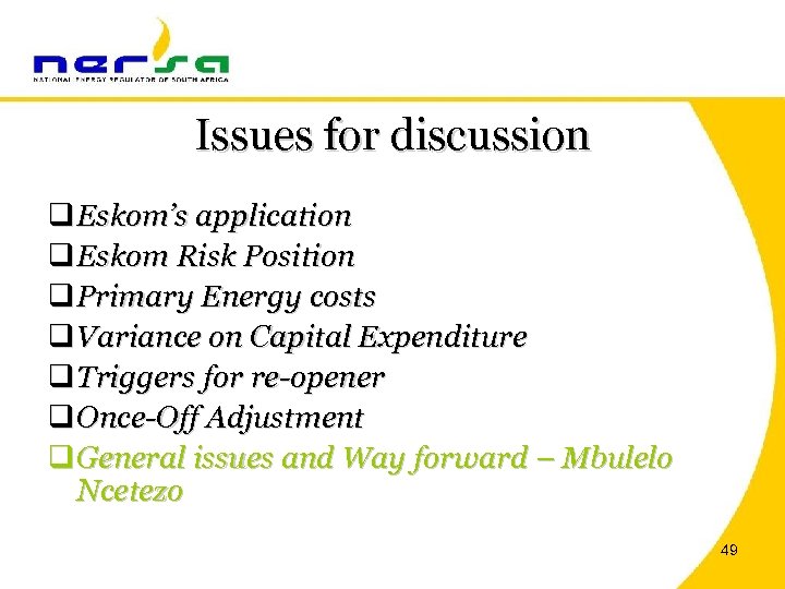 Issues for discussion q Eskom’s application q Eskom Risk Position q Primary Energy costs
