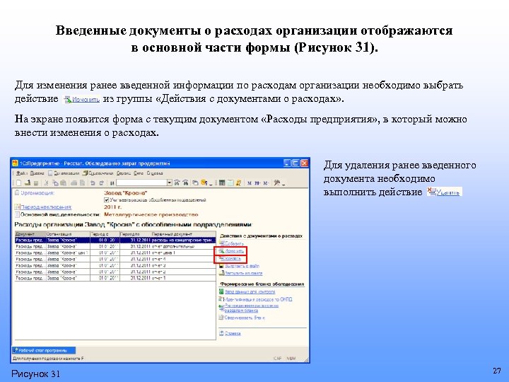 Введенные документы о расходах организации отображаются в основной части формы (Рисунок 31). Для изменения