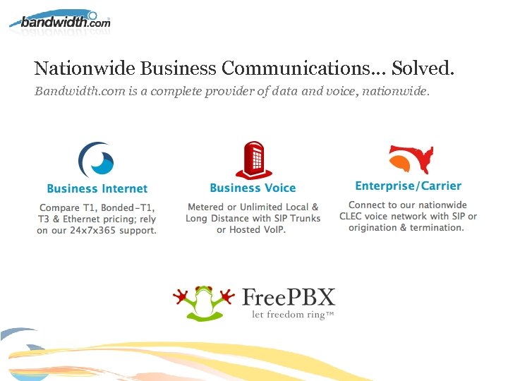 Nationwide Business Communications… Solved. Bandwidth. com is a complete provider of data and voice,