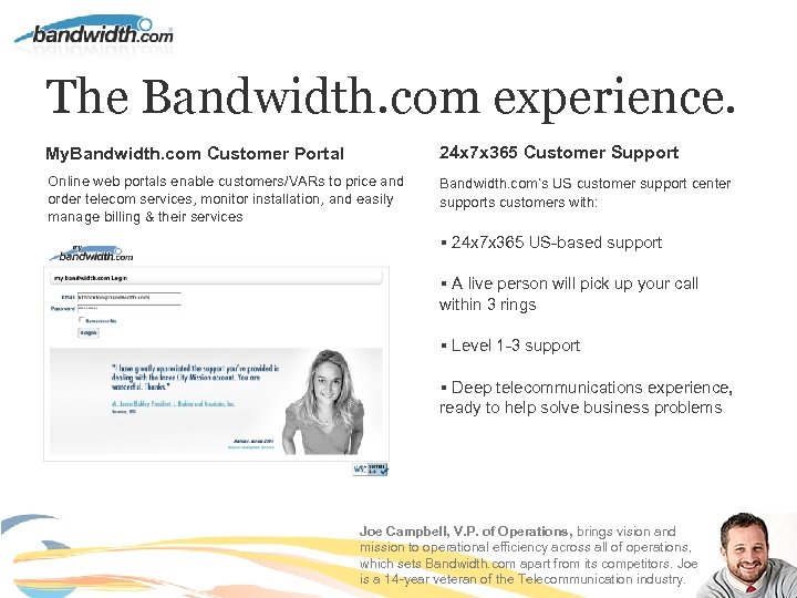 The Bandwidth. com experience. My. Bandwidth. com Customer Portal 24 x 7 x 365