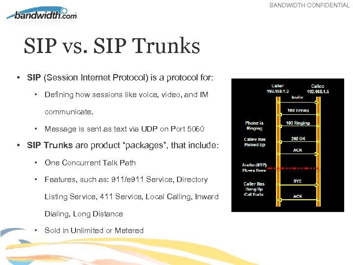 BANDWIDTH CONFIDENTIAL SIP vs. SIP Trunks • SIP (Session Internet Protocol) is a protocol