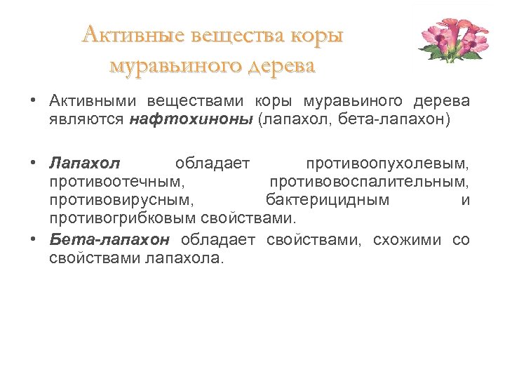Активные вещества коры муравьиного дерева • Активными веществами коры муравьиного дерева являются нафтохиноны (лапахол,