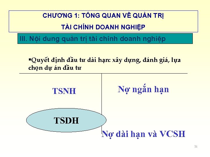 CHƯƠNG 1: TỔNG QUAN VỀ QUẢN TRỊ TÀI CHÍNH DOANH NGHIỆP III. Nội dung