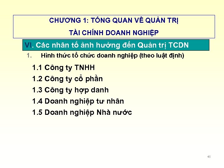 CHƯƠNG 1: TỔNG QUAN VỀ QUẢN TRỊ TÀI CHÍNH DOANH NGHIỆP VI. Các nhân