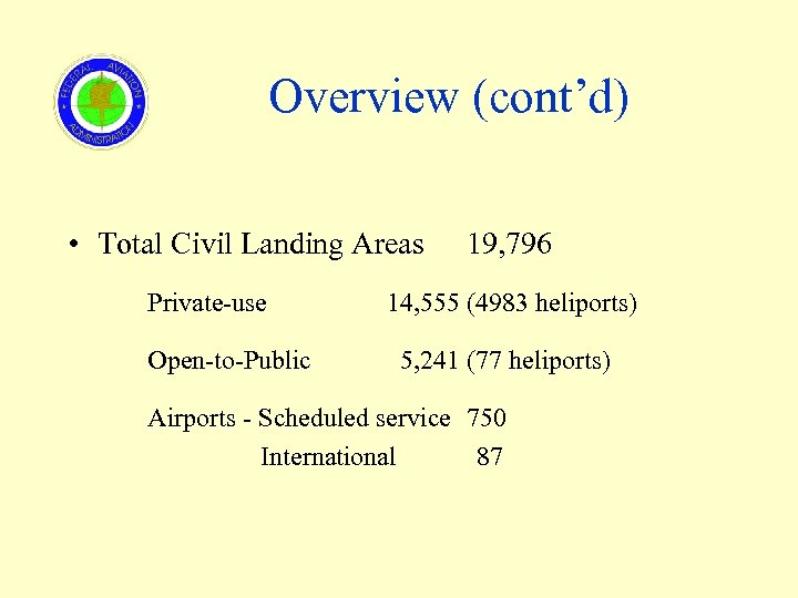 Overview (cont’d) • Total Civil Landing Areas Private-use Open-to-Public 19, 796 14, 555 (4983