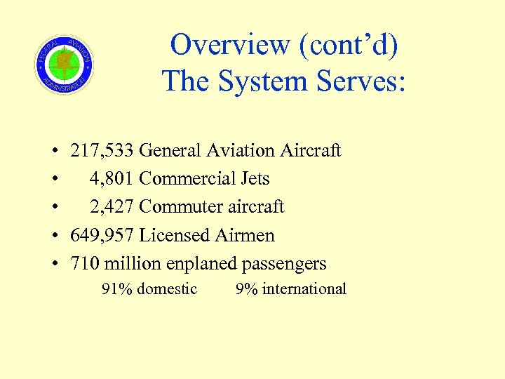 Overview (cont’d) The System Serves: • 217, 533 General Aviation Aircraft • 4, 801