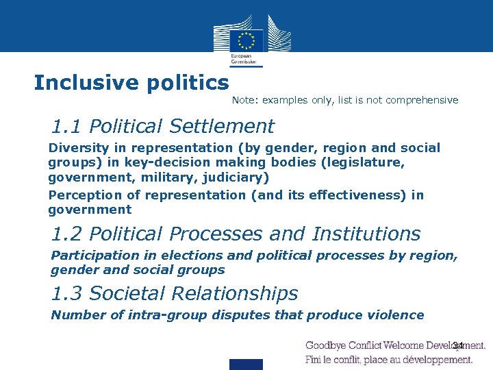 Inclusive politics Note: examples only, list is not comprehensive Ø 1. 1 Political Settlement