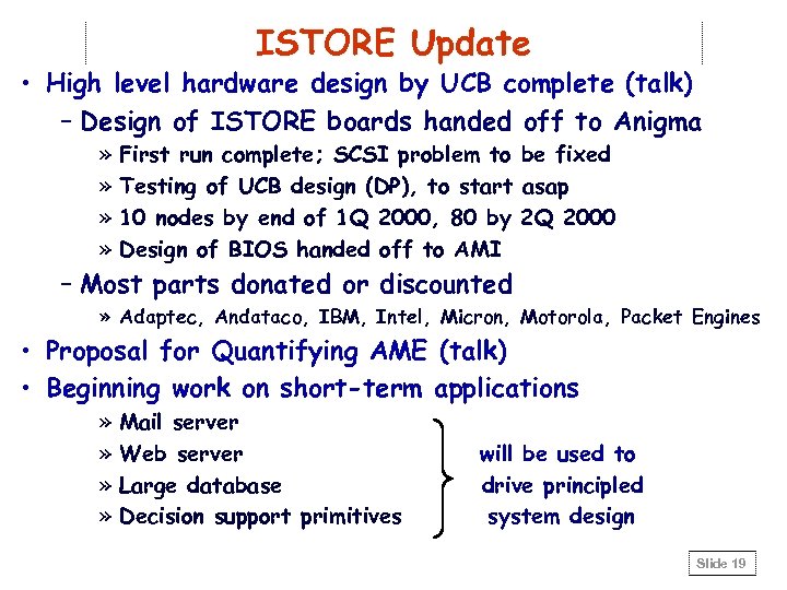 ISTORE Update • High level hardware design by UCB complete (talk) – Design of