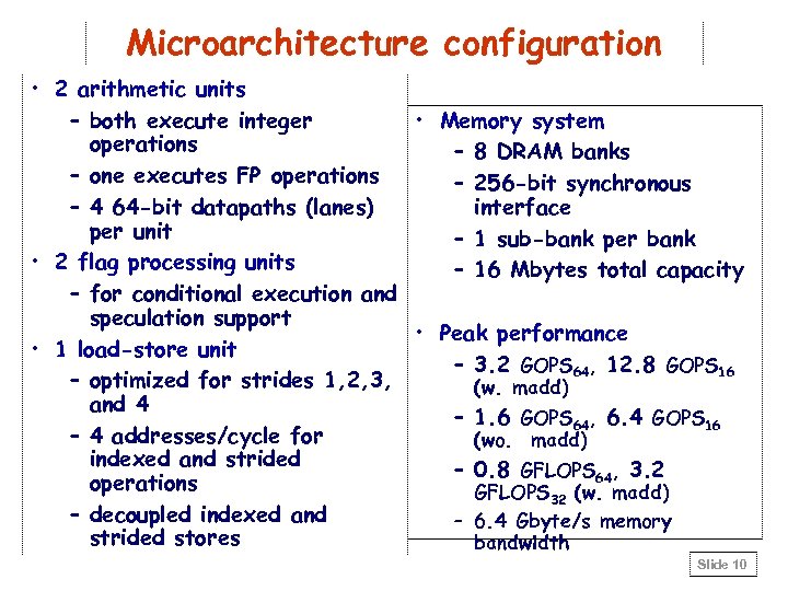 Microarchitecture configuration • 2 arithmetic units • Memory system – both execute integer operations