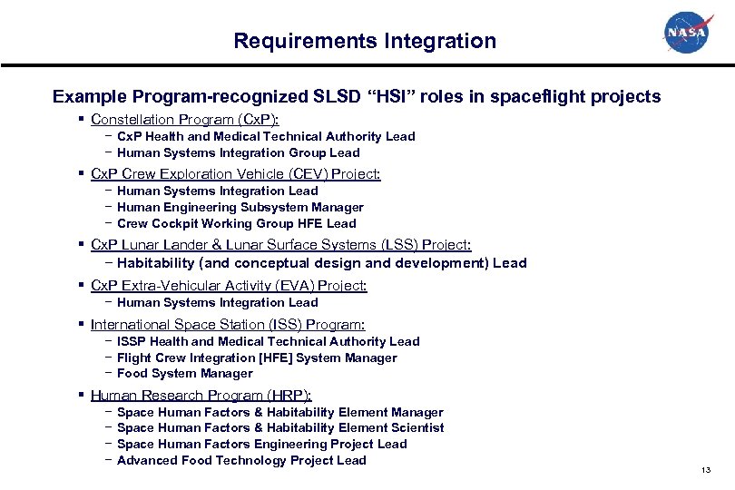 Requirements Integration Example Program-recognized SLSD “HSI” roles in spaceflight projects § Constellation Program (Cx.