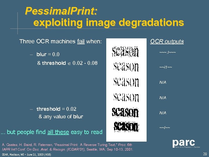 Pessimal. Print: exploiting image degradations Three OCR machines fail when: – blur = 0.