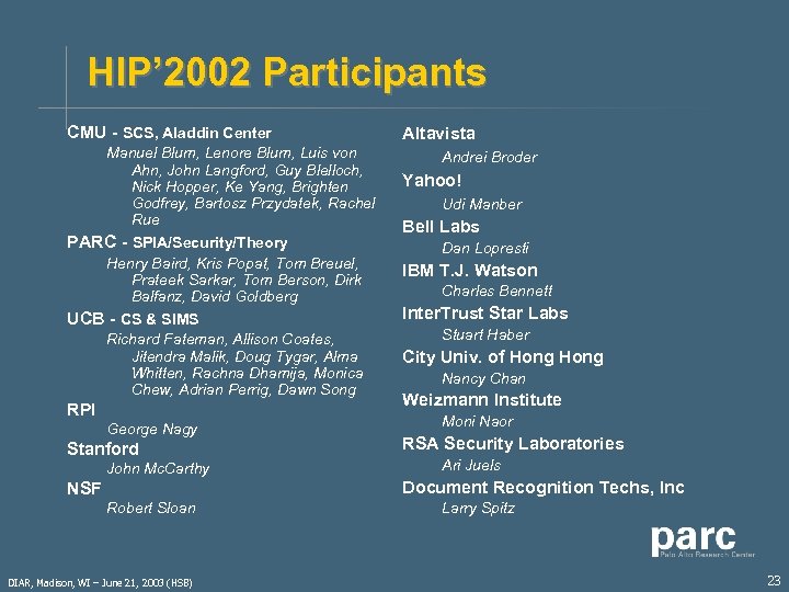 HIP’ 2002 Participants CMU - SCS, Aladdin Center Manuel Blum, Lenore Blum, Luis von