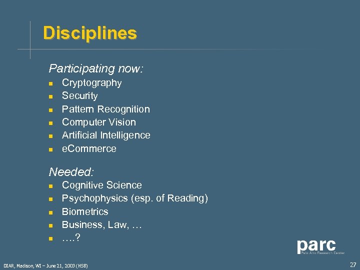 Disciplines Participating now: n n n Cryptography Security Pattern Recognition Computer Vision Artificial Intelligence