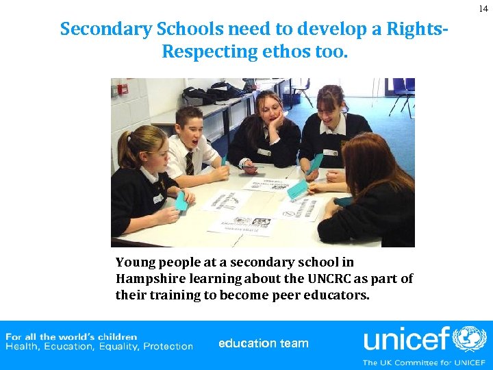 14 Secondary Schools need to develop a Rights. Respecting ethos too. Young people at