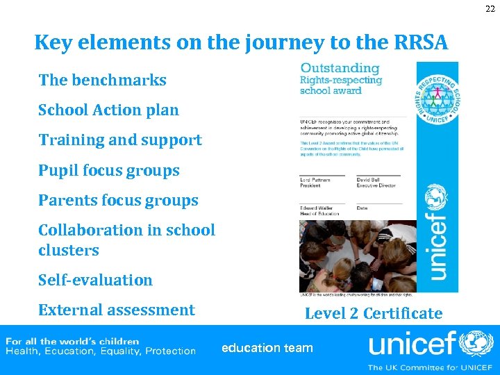 22 Key elements on the journey to the RRSA The benchmarks School Action plan
