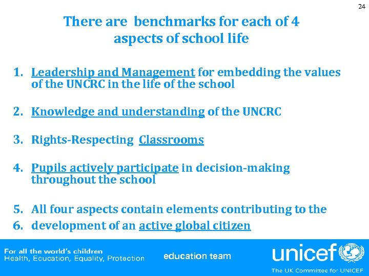 24 There are benchmarks for each of 4 aspects of school life 1. Leadership