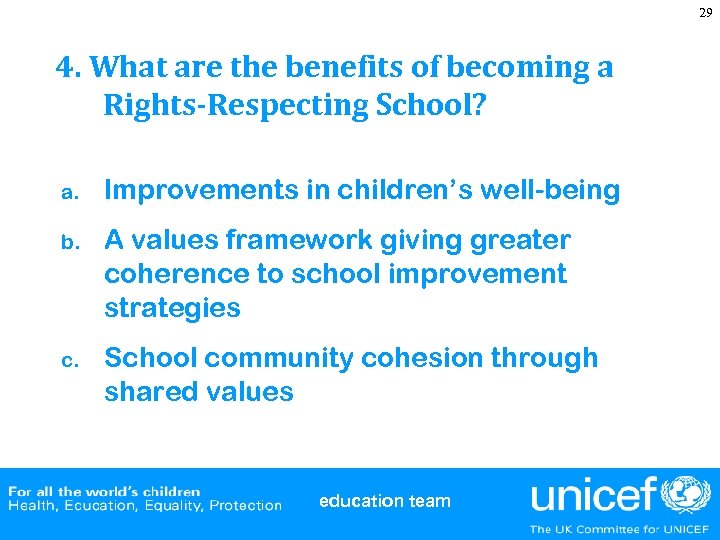 29 4. What are the benefits of becoming a Rights-Respecting School? a. Improvements in