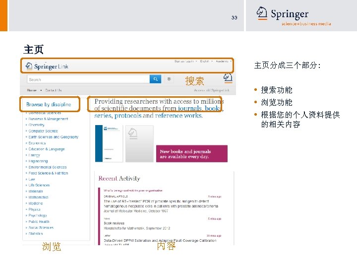 33 主页 主页分成三个部分: 搜索 浏览 内容 • • • 搜索功能 浏览功能 根据您的个人资料提供 的相关内容 
