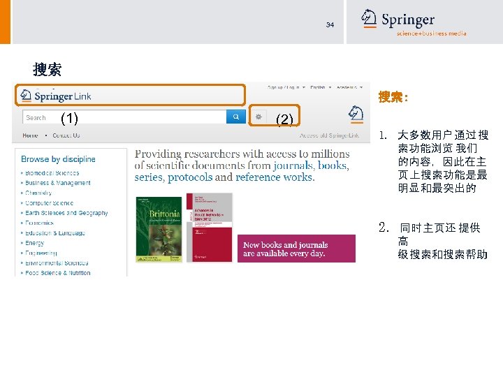34 搜索 搜索: (1) (2) 1. 大多数用户 通过 搜 索功能浏览 我们 的内容，因此在主 页 上搜索功能是最
