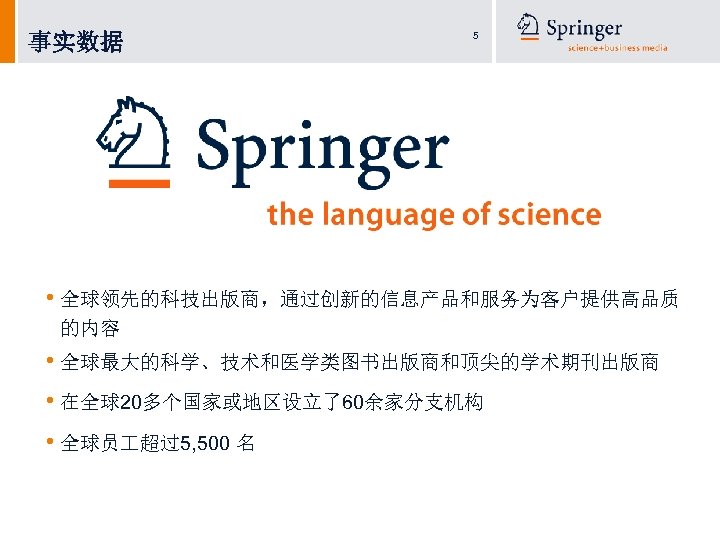 事实数据 5 • 全球领先的科技出版商，通过创新的信息产品和服务为客户提供高品质 的内容 • 全球最大的科学、技术和医学类图书出版商和顶尖的学术期刊出版商 • 在全球20多个国家或地区设立了60余家分支机构 • 全球员 超过5, 500 名