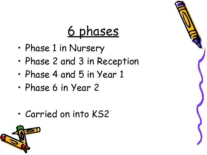 6 phases • • Phase 1 in Nursery Phase 2 and 3 in Reception