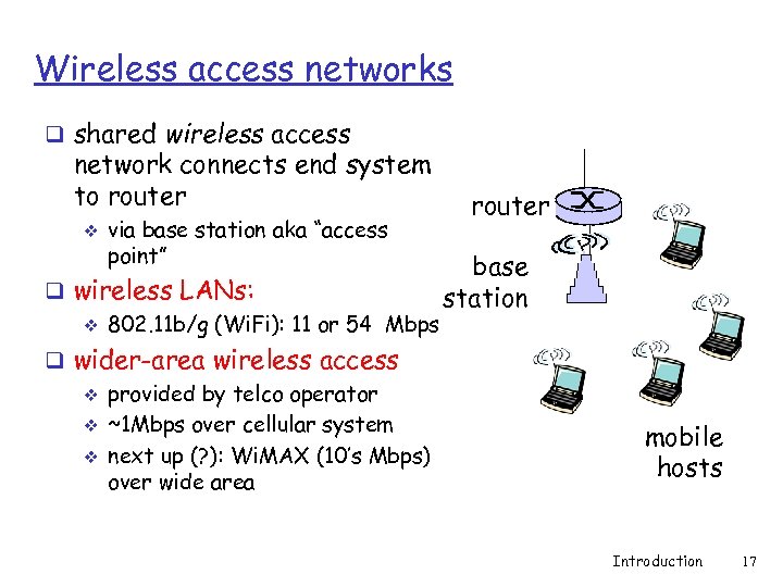 Wireless access networks q shared wireless access network connects end system to router v