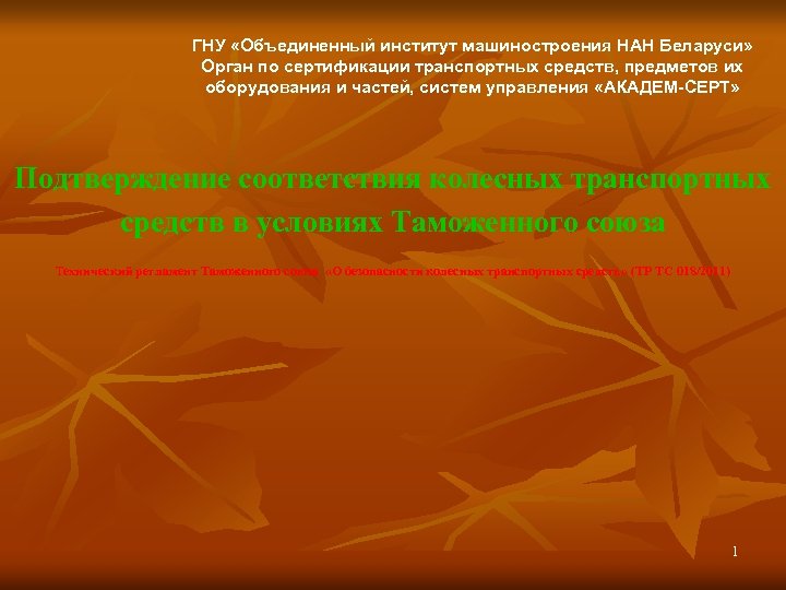 ГНУ «Объединенный институт машиностроения НАН Беларуси» Орган по сертификации транспортных средств, предметов их оборудования