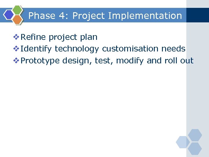 Phase 4: Project Implementation v Refine project plan v Identify technology customisation needs v