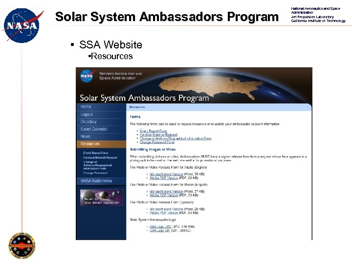 Solar System Ambassadors Program • SSA Website • Resources National Aeronautics and Space Administration