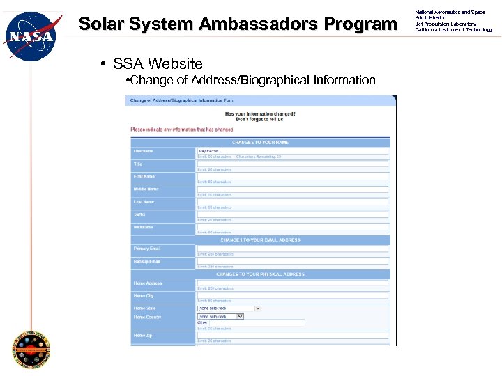 Solar System Ambassadors Program • SSA Website • Change of Address/Biographical Information National Aeronautics