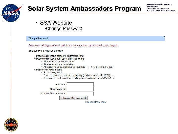 Solar System Ambassadors Program • SSA Website • Change Password National Aeronautics and Space